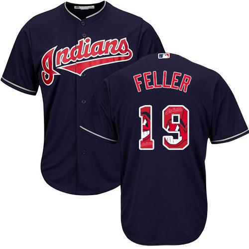 Indians #19 Bob Feller Navy Blue Team Logo Fashion Stitched MLB Jersey